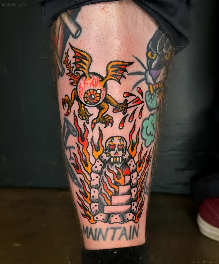 Traditional style tattoo depicting a flying eye and a burning figure