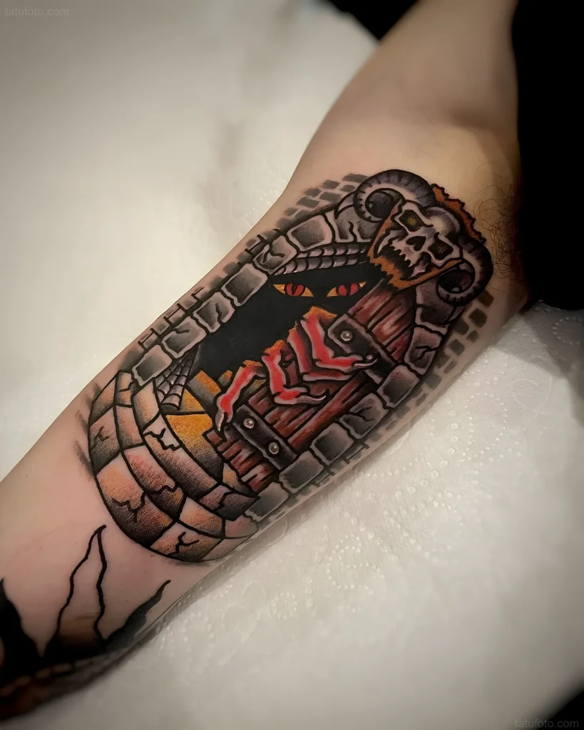 Portal tattoo to hell with a skull and horns, done in new school style