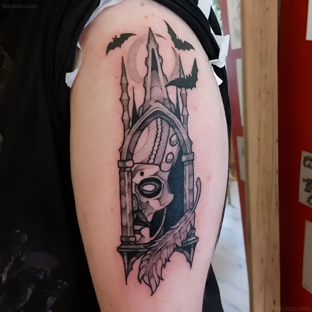 Gothic style tattoo: portal with a skull and bats