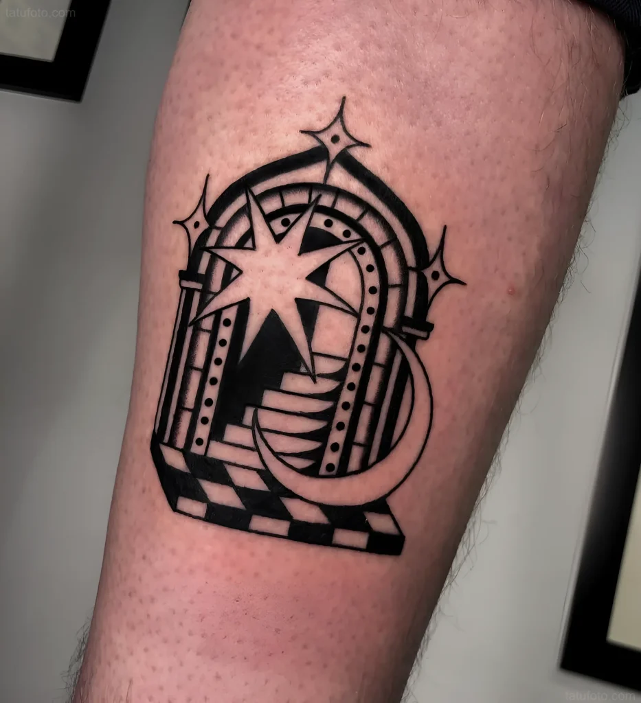 Portal tattoo with an eight-pointed star, crescent moon, and gothic arches