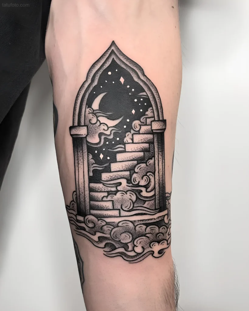 Graphic style tattoo: a portal with an ascending staircase leading to a starry sky with a crescent moon and clouds.