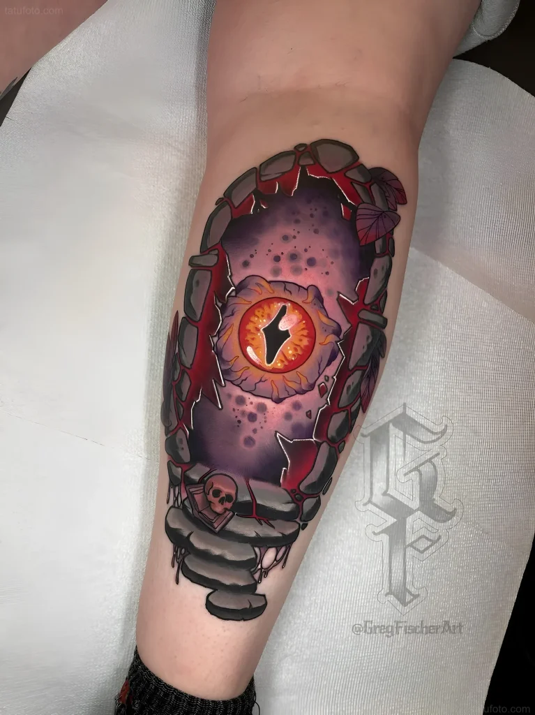 Neo-traditional style portal tattoo with a dragon's eye and a skull