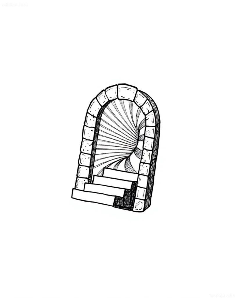 Portal tattoo sketch with a leading staircase, done in a graphic style