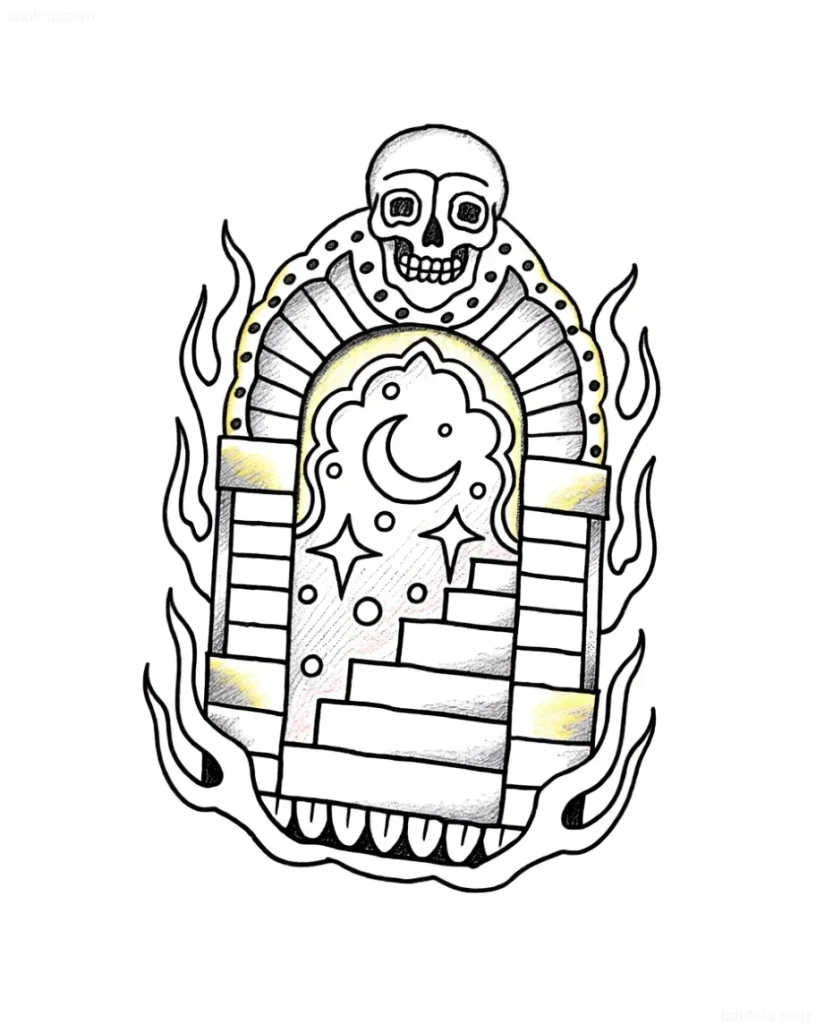Old school style tattoo depicting a portal with a staircase leading to the moon and stars, framed by flames and crowning a skull.