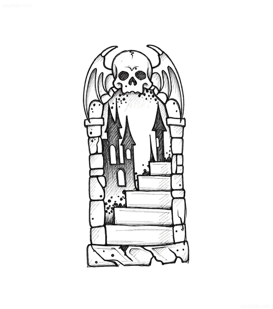 Black and white tattoo sketch of a portal with a winged skull, leading to a mysterious castle via steps.