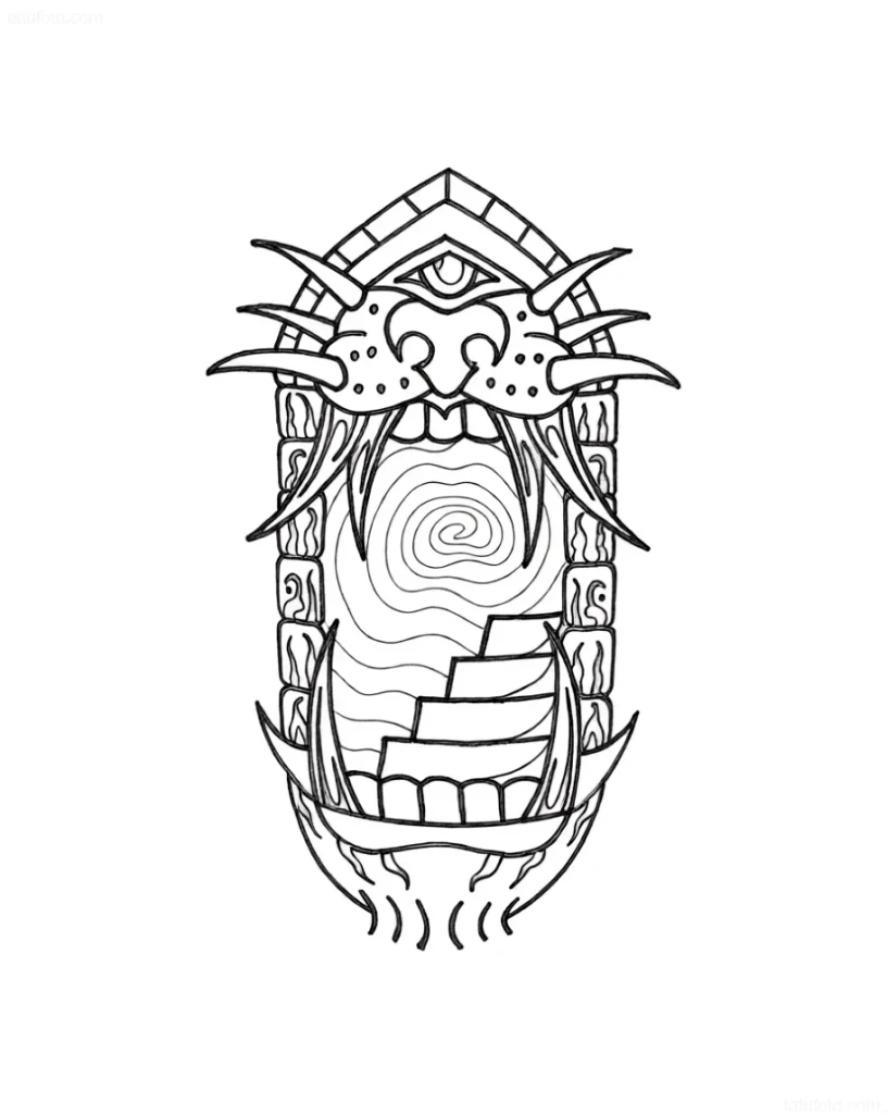 Tattoo sketch of a portal in the form of a mythical creature's maw with an eye and steps leading into a vortex