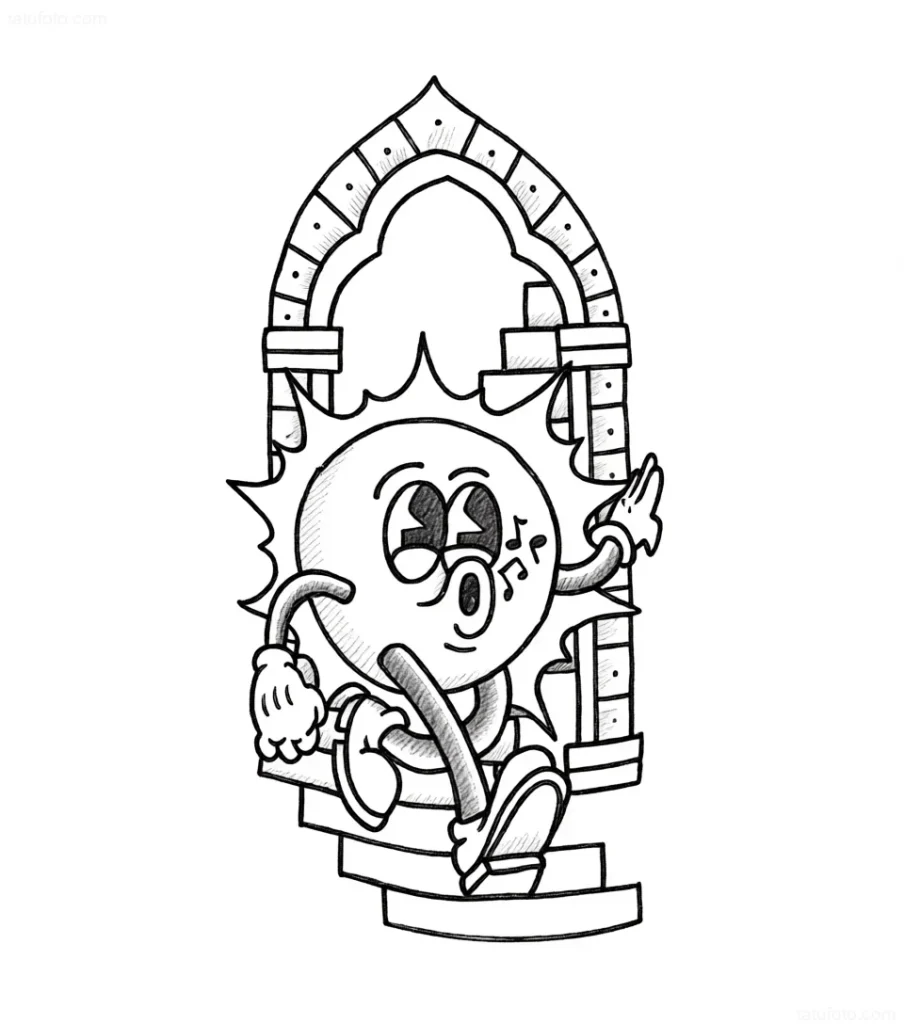 Tattoo sketch: A stylized sun with a face, stepping on stairs through an arch-portal, symbolizing the start of a new path.