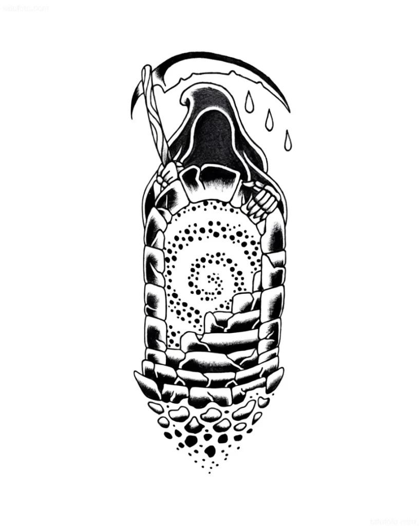 Portal tattoo with a scythe and falling drops