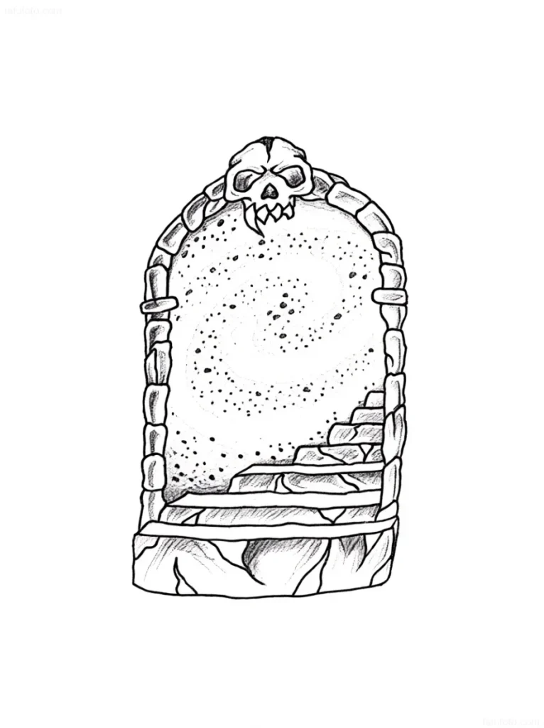 Tattoo sketch of a stone portal with steps leading to a starry sky, crowned with a skull