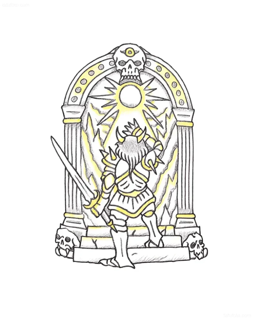 Tattoo sketch: warrior before a portal with a sun and skulls, symbolizing transition or trial