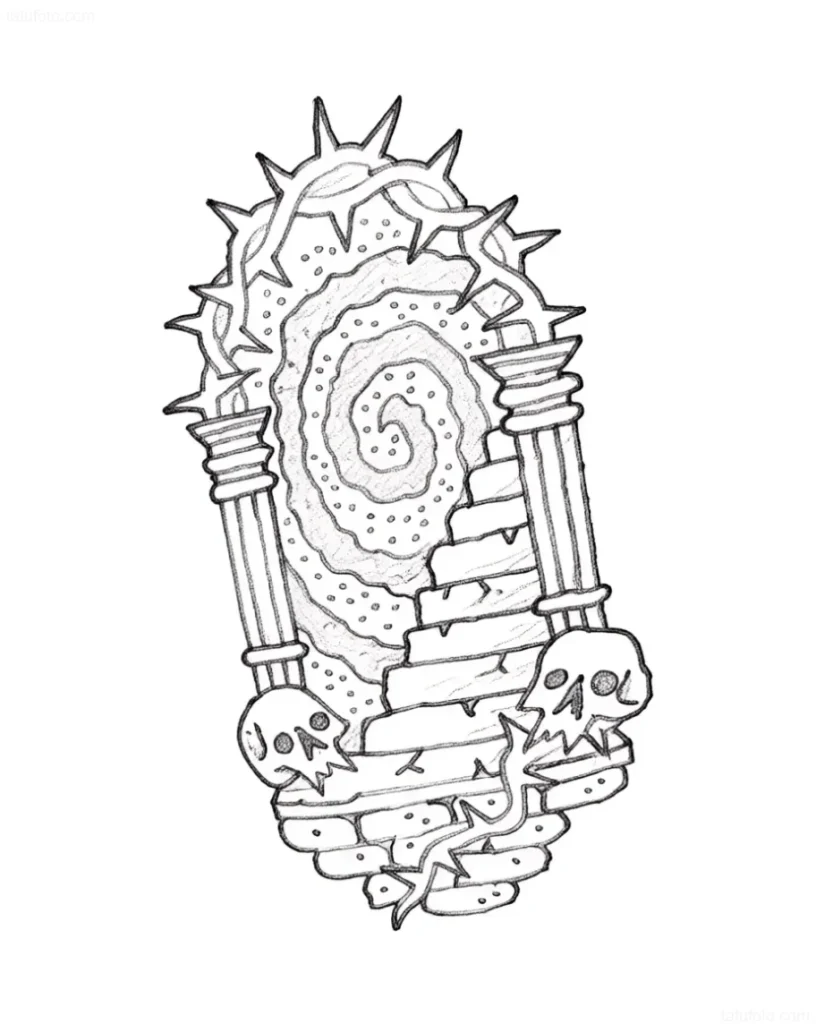 Tattoo sketch: a mystical portal with gates adorned with a crown of thorns, columns, and skulls, leading into a vortex of knowledge.