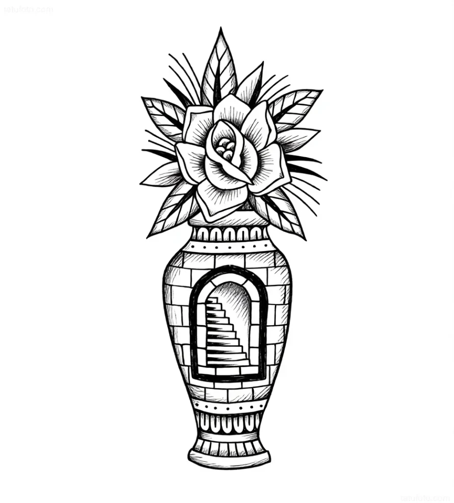 Black and white tattoo sketch: a rose in a vase with a staircase leading into a portal