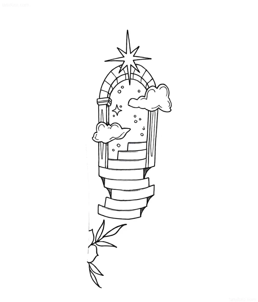 Tattoo sketch of a portal with an ascending staircase, clouds, stars, and an arch