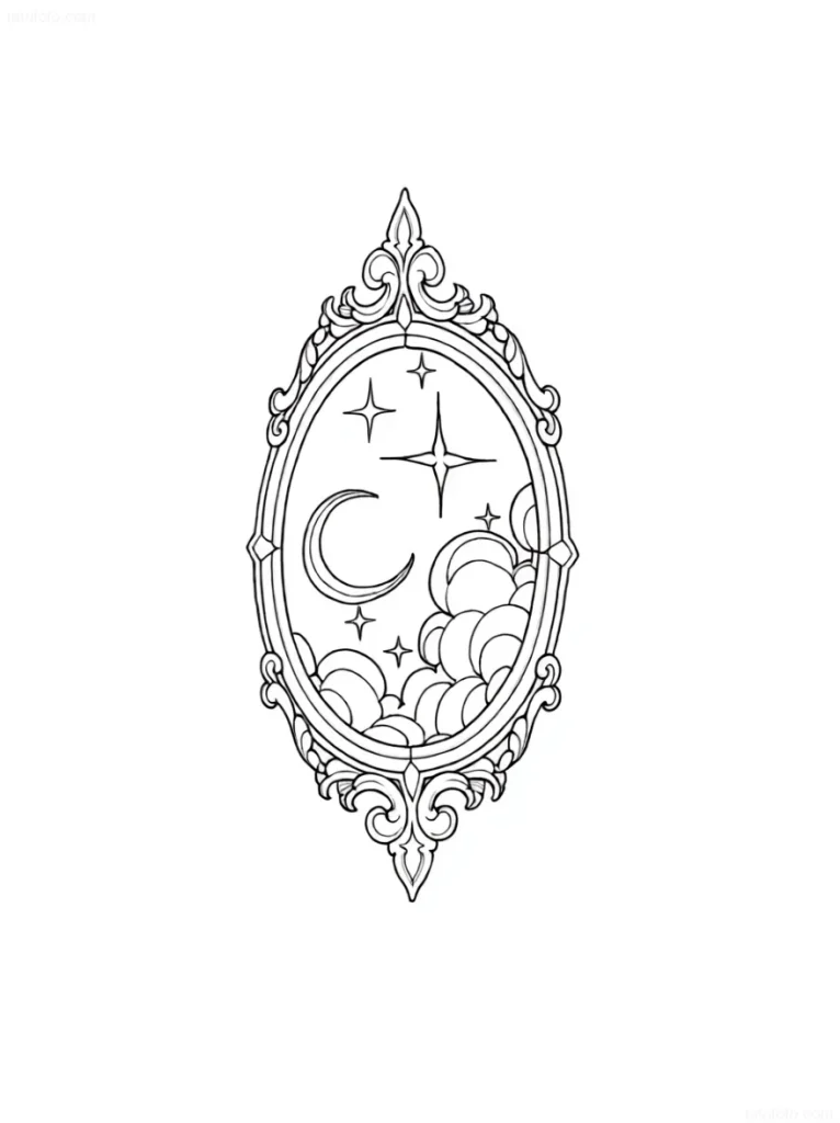 Tattoo sketch: an old oval mirror with an intricate frame, reflecting the night sky with a crescent moon, stars, and clouds.
