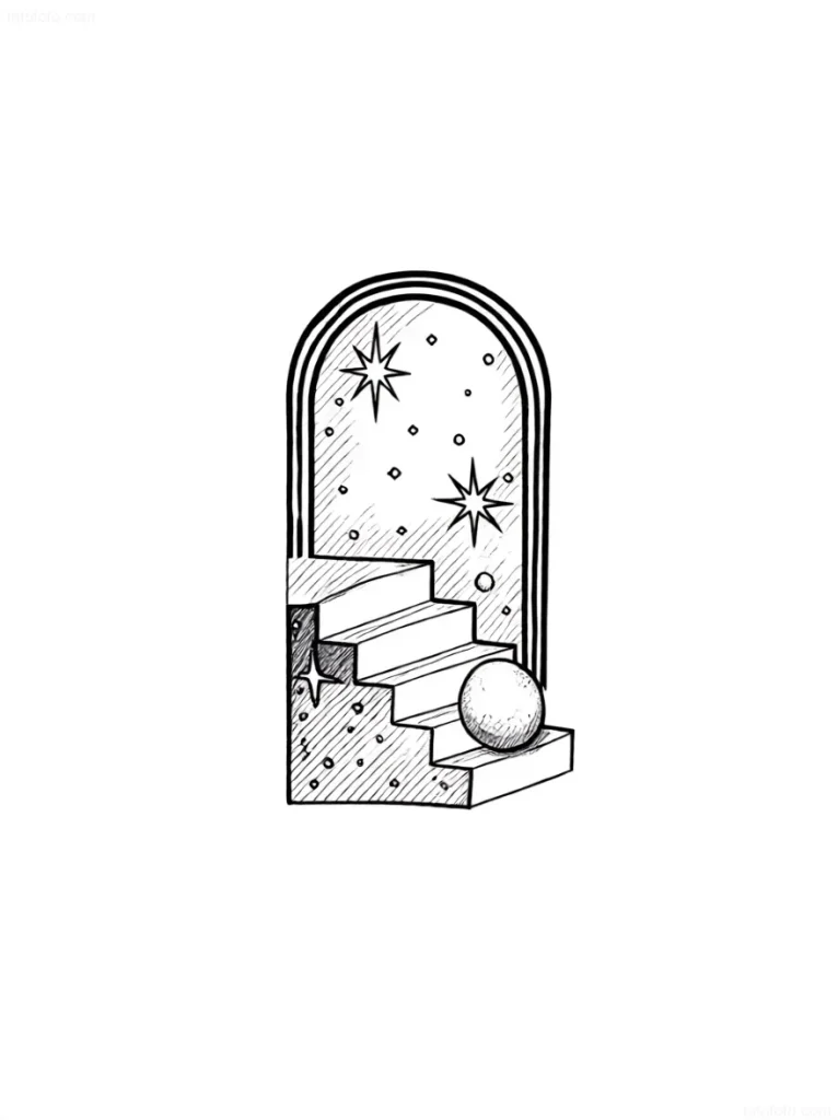 Tattoo sketch: a portal in the form of an arch leading to a staircase lit by stars, with a ball on the steps.