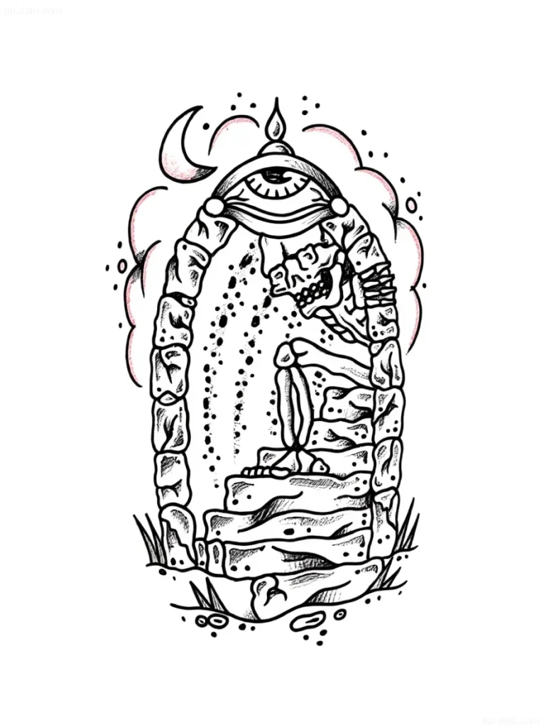Tattoo sketch: an ancient stone portal with a skull and the all-seeing eye