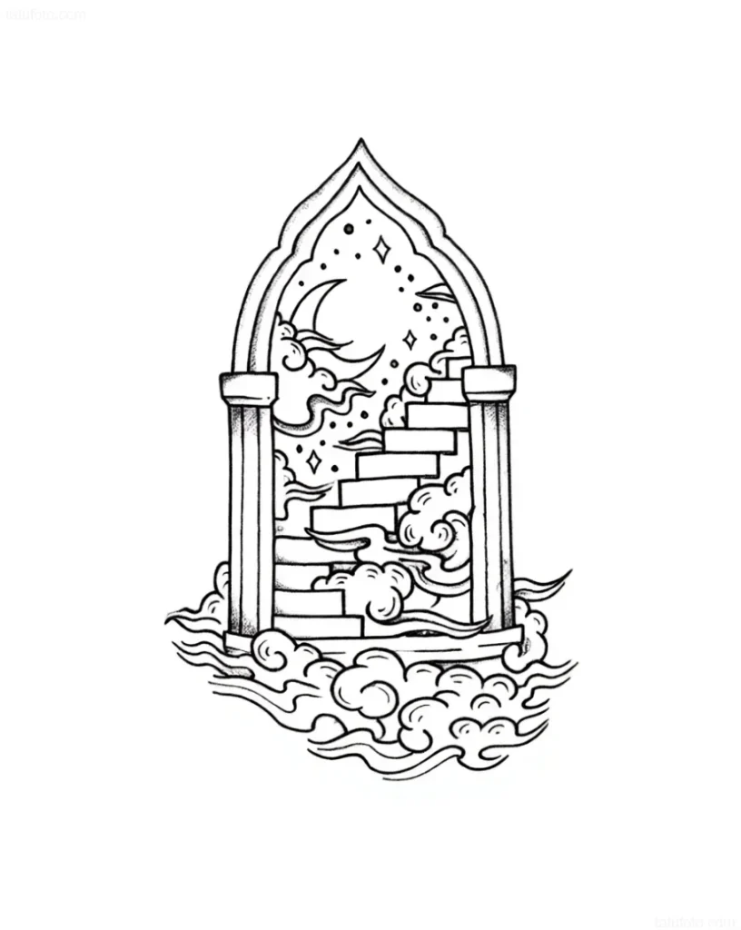 Tattoo sketch of a portal with a staircase leading to the moon and stars, surrounded by clouds.