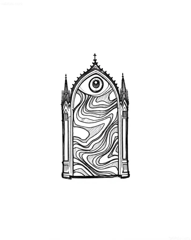 Gothic style tattoo: portal with an all-seeing eye and an abstract pattern