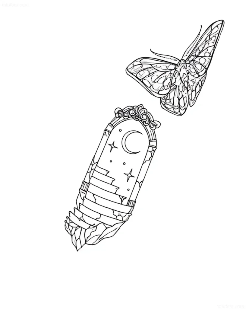 Tattoo sketch: portal with a moon and stars, from which a butterfly flies out
