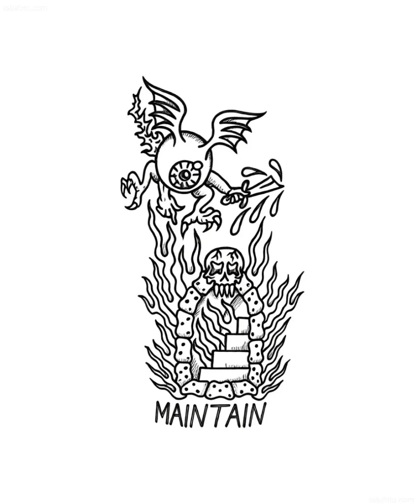 Traditional style tattoo: a flying monster eye with wings attacking a fiery portal with a skull and the inscription 'MAINTAIN'