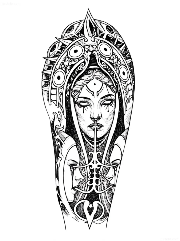 带有神秘符号和女性形象的萨满纹身草图
