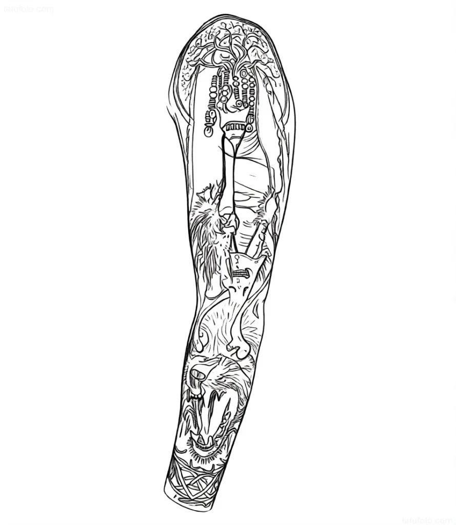 萨满袖纹身草图，描绘了神秘生物和符号。