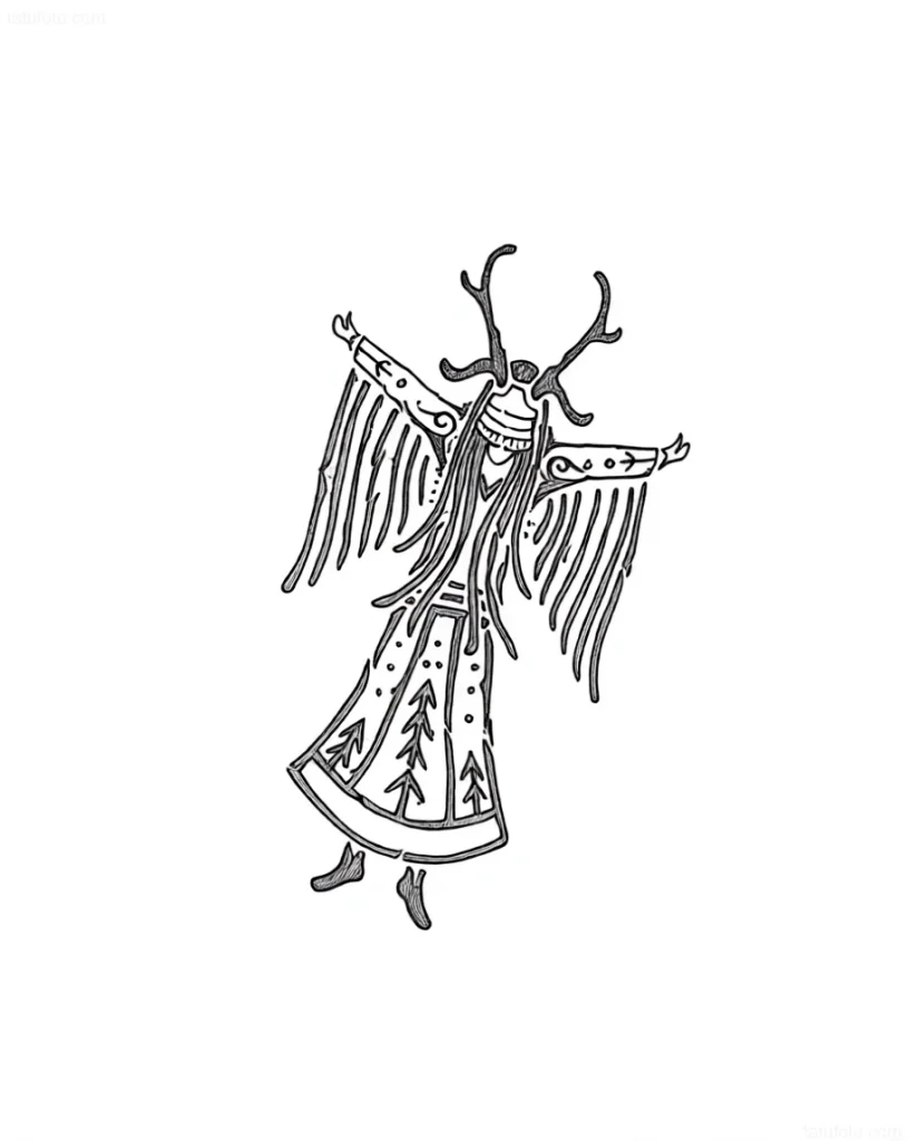 Boceto de tatuaje de chamán en vestimenta ritual con cuernos de reno, realizado en estilo gráfico.