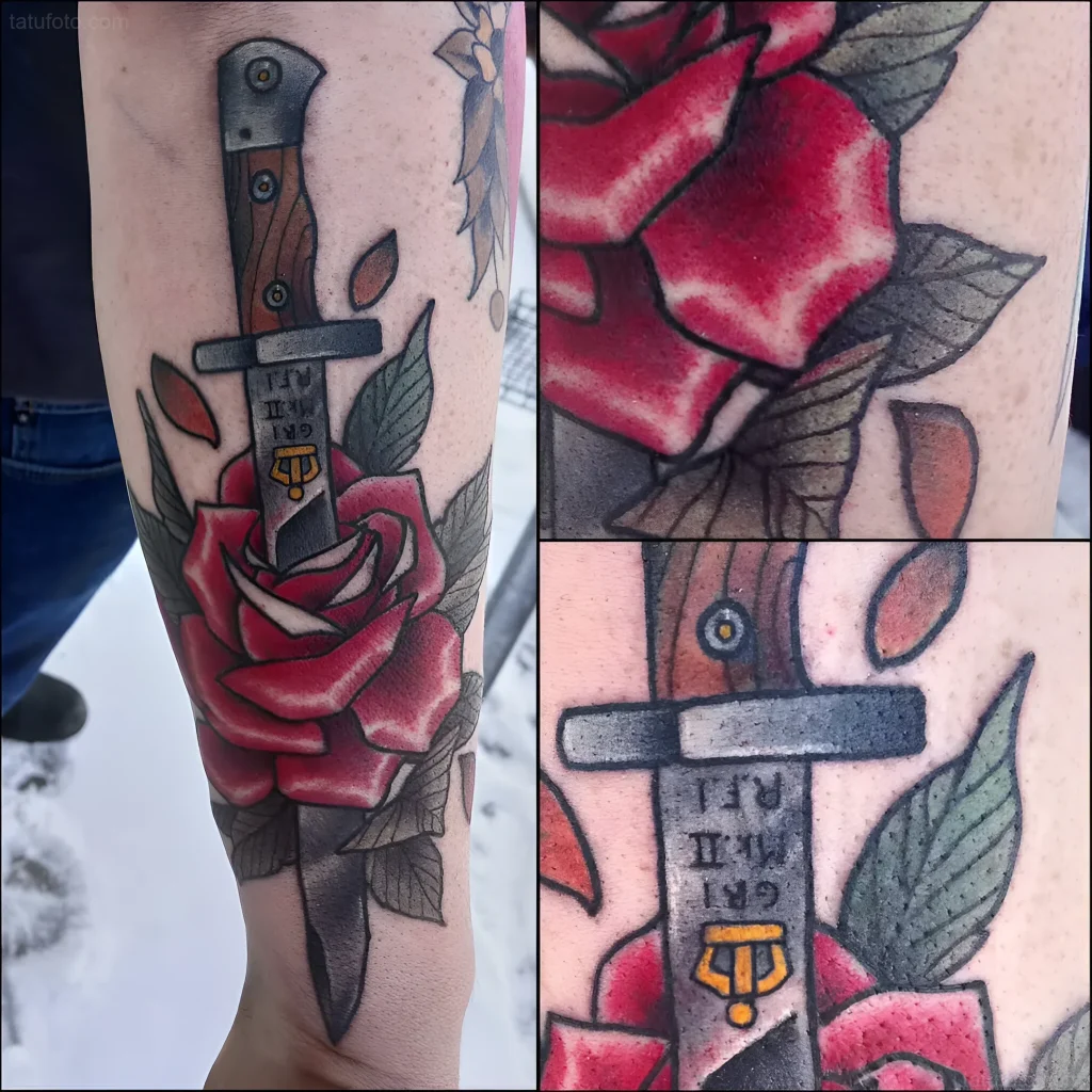 Tatouage de baïonnette transperçant une rose rouge, avec image détaillée de la lame et du manche, réalisé dans le style old school.