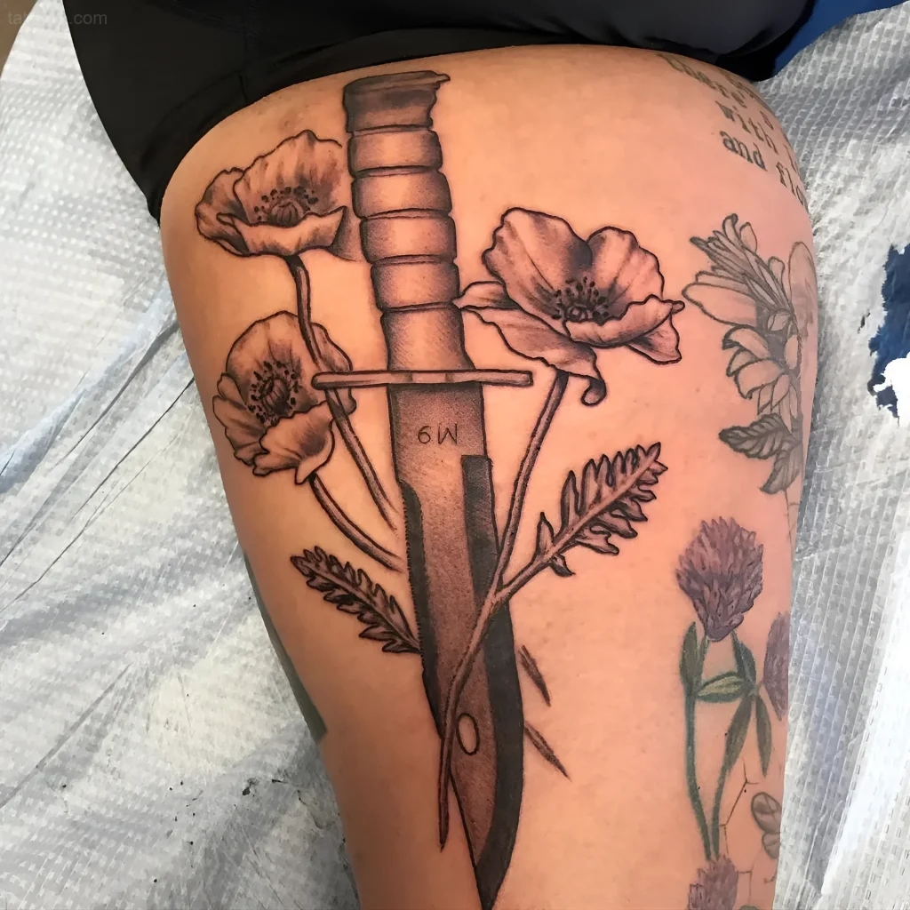 Tatouage de baïonnette M9 enroulée de coquelicots, dans un style réaliste