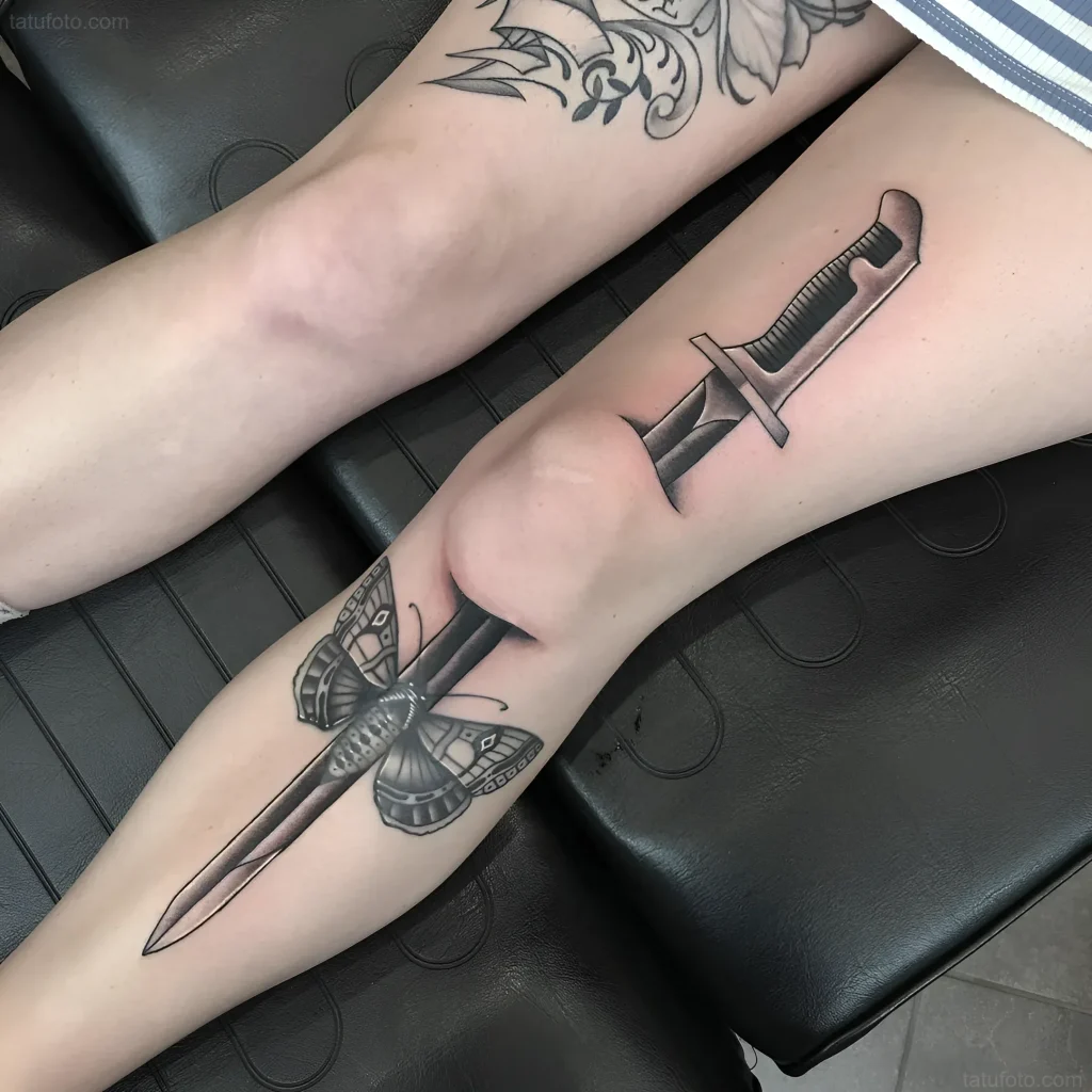Tatouage de baïonnette avec papillon sur la jambe