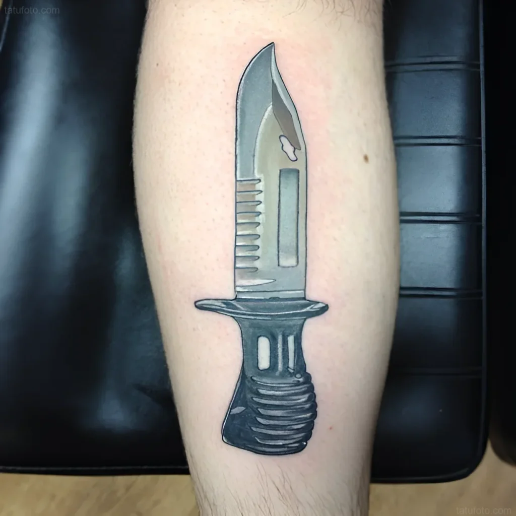 Tatouage de baïonnette sur l'avant-bras, réalisé dans un style réaliste avec accent sur les détails
