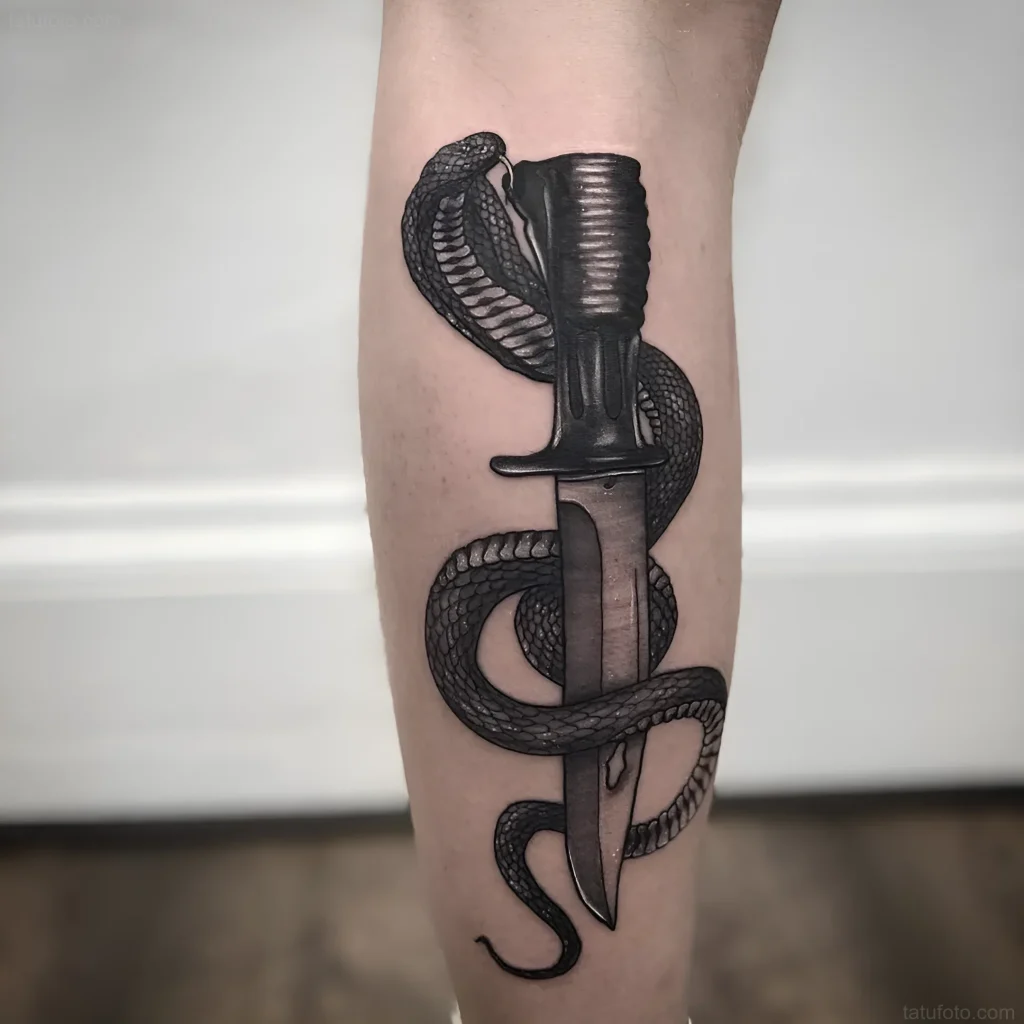 Tatouage réaliste de baïonnette enroulée d'un cobra, réalisé en noir et gris.