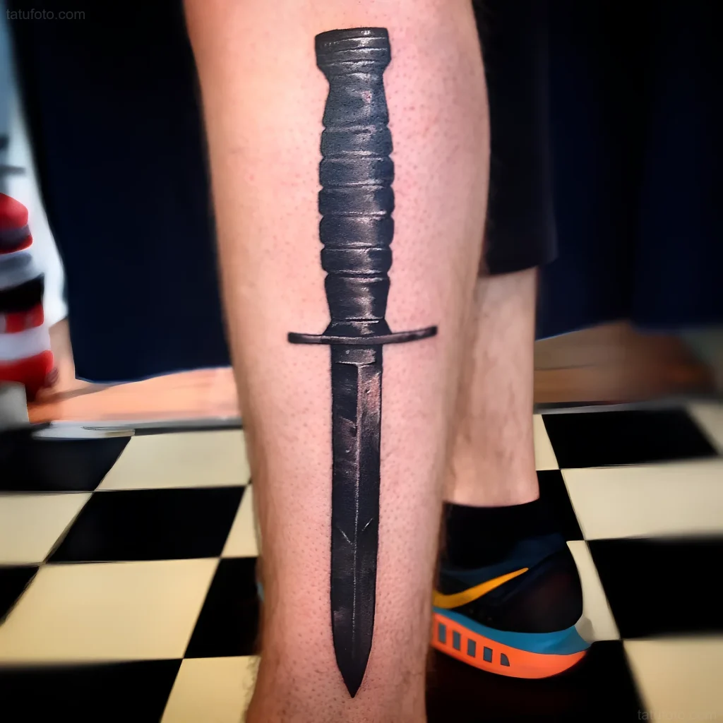 Tatouage réaliste de baïonnette sur la jambe, réalisé dans des tons sombres.