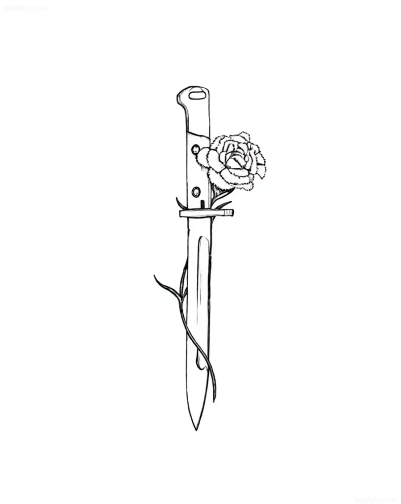 Croquis de tatouage de baïonnette avec une fleur épanouie, symbole de résilience et de beauté
