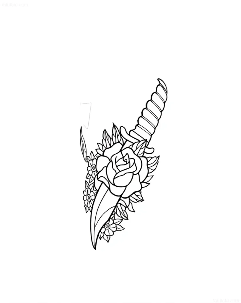 Croquis de tatouage : Baïonnette transperçant une rose, entourée de feuilles et de petites fleurs.