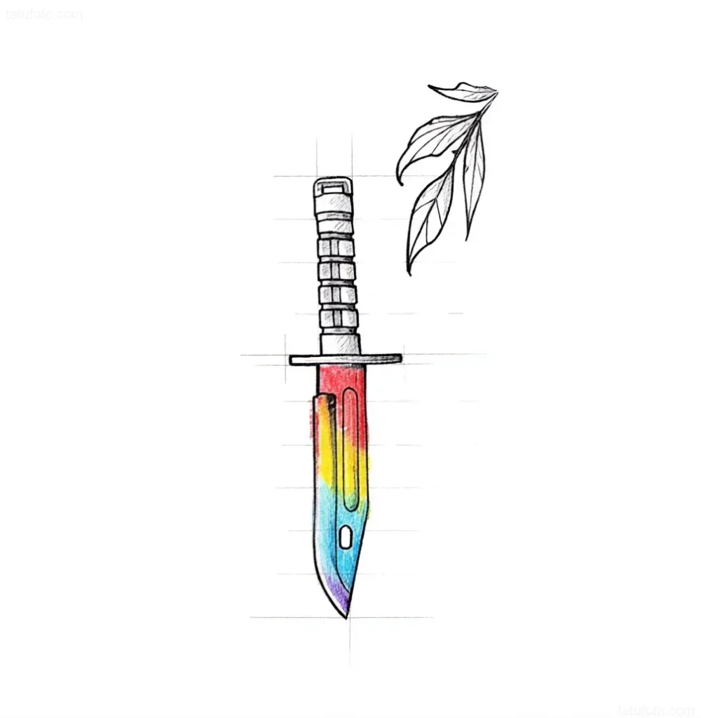 Croquis de tatouage de baïonnette avec une lame arc-en-ciel et une branche avec des feuilles