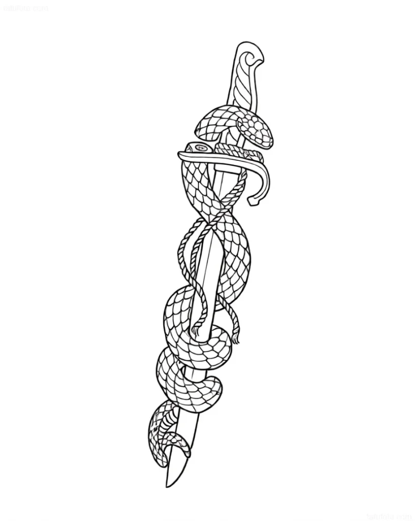 Croquis de tatouage de baïonnette enroulée d'un serpent, réalisé dans un style graphique, avec dessin détaillé des écailles et de la corde.