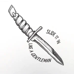 Татуировка штык-нож с надписью 'Slide it in like a gentleman'