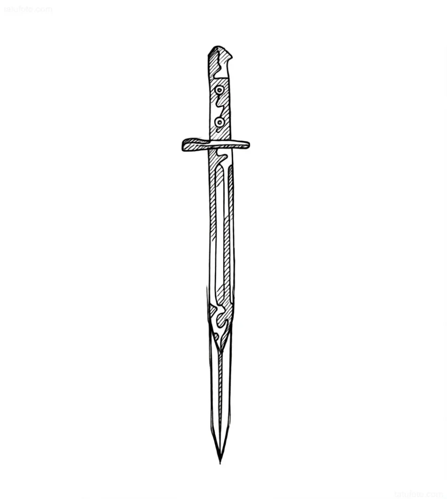 Croquis de tatouage de baïonnette dans le style croquis, montrant la netteté de la lame et la masse du manche