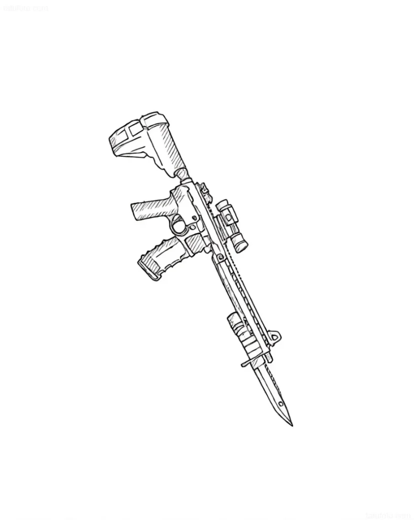 Croquis de tatouage : baïonnette détaillée attachée au canon d'un fusil d'assaut moderne avec lunette de visée.
