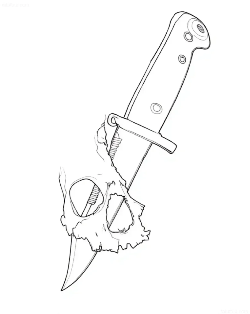 Croquis de tatouage de baïonnette transperçant un crâne
