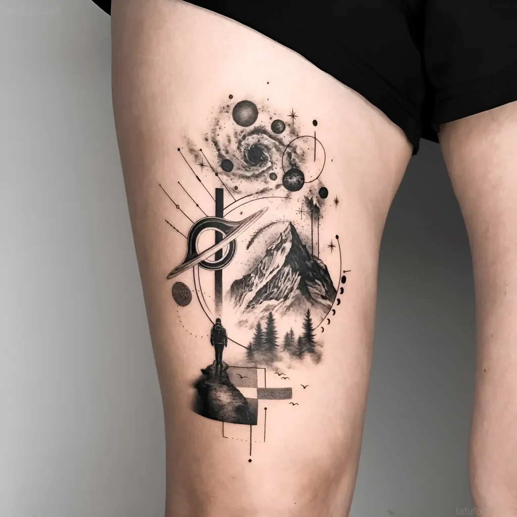 Tattoo on the thigh: a person on the edge of a cliff looks at mountains and a galaxy, symbolizing a supernova explosion.