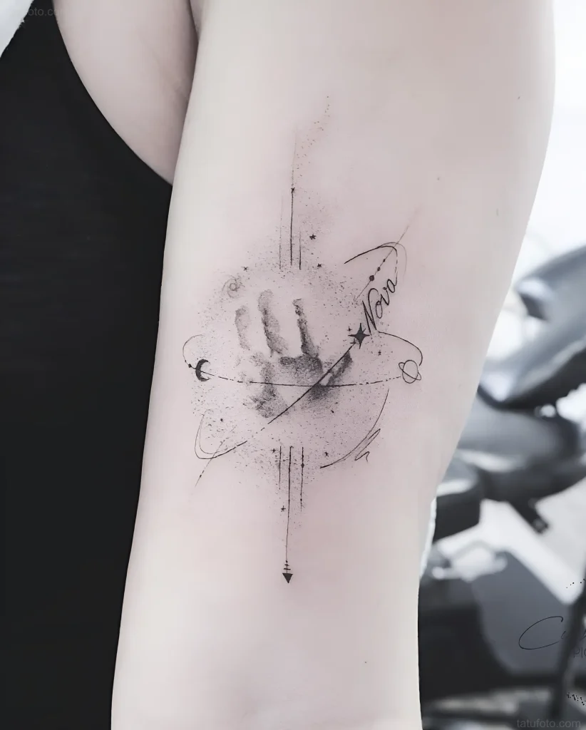 Minimalist Supernova tattoo with a handprint and cosmic elements