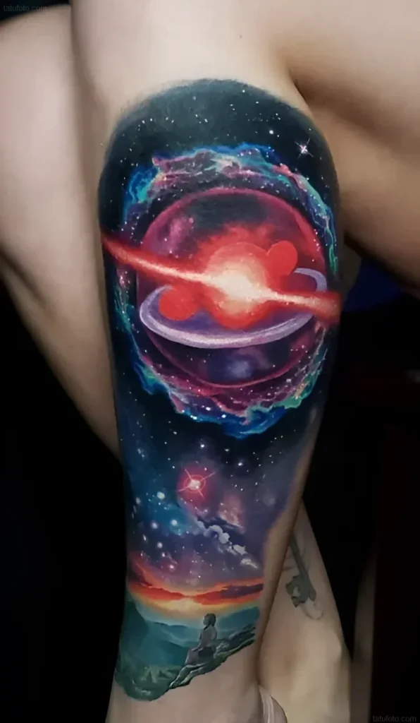Stunning cosmic realism tattoo depicting a supernova explosion with bright red, purple, and blue hues, surrounded by nebulae and stars, with the silhouette of a person observing this spectacle against a mountain landscape.