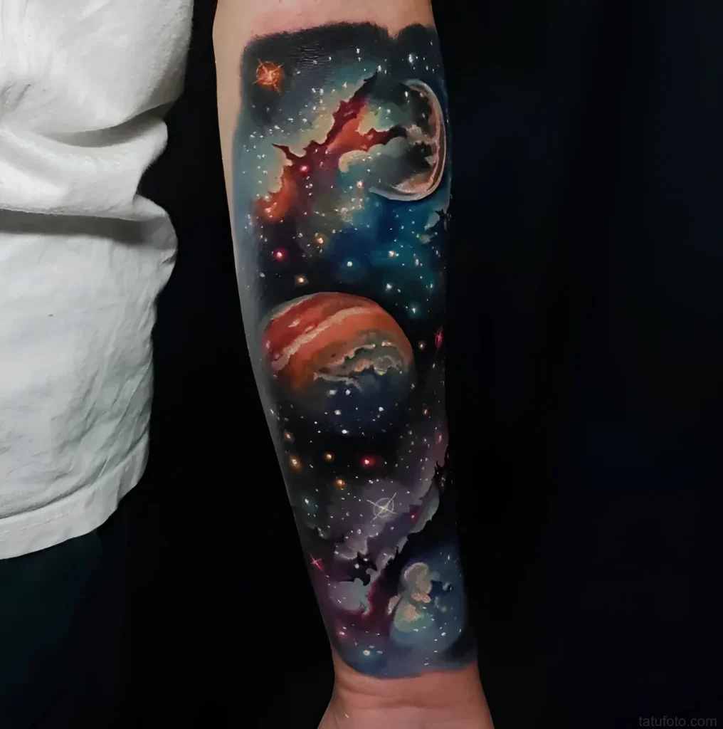 Detailed tattoo depicting a supernova explosion in space with planets and nebulae