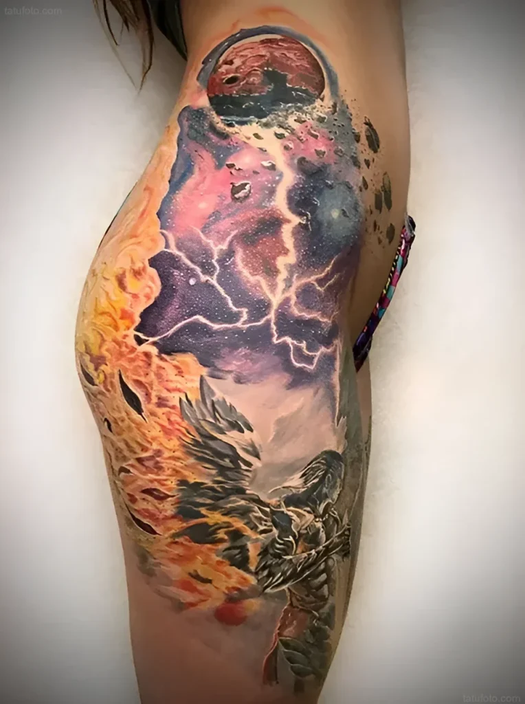 Supernova tattoo on the thigh: cosmic explosion with a planet, lightning, and a phoenix
