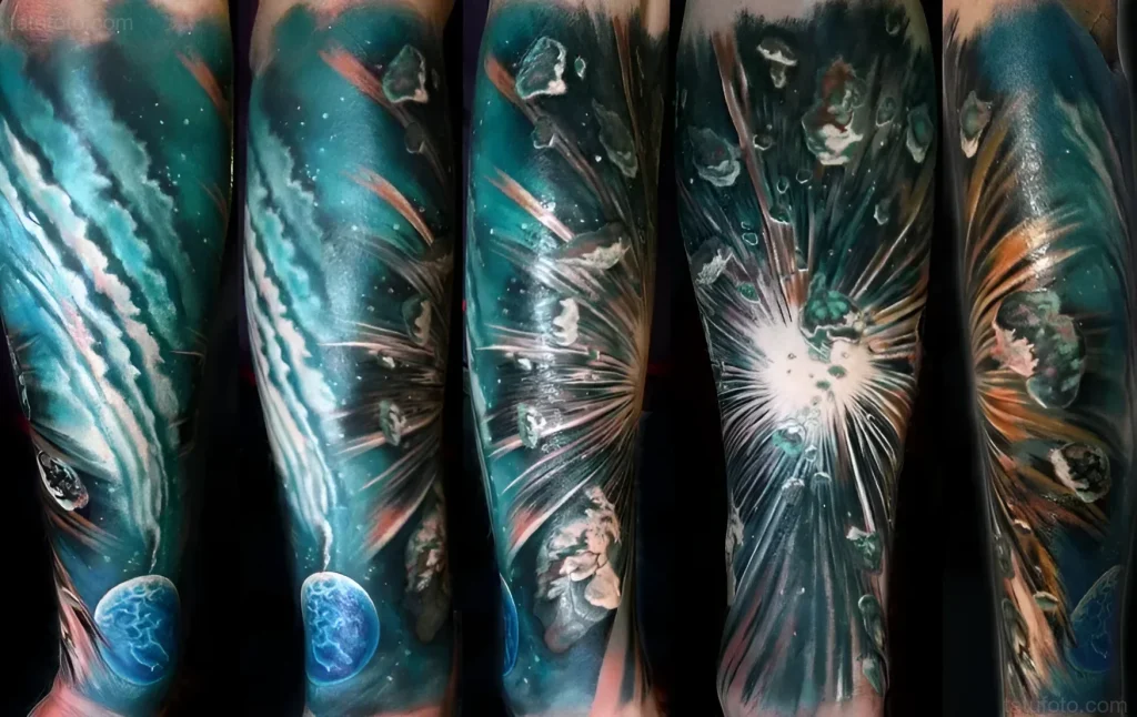 Large tattoo on the arm depicting the explosion of a supernova star with planets and asteroids in deep space.