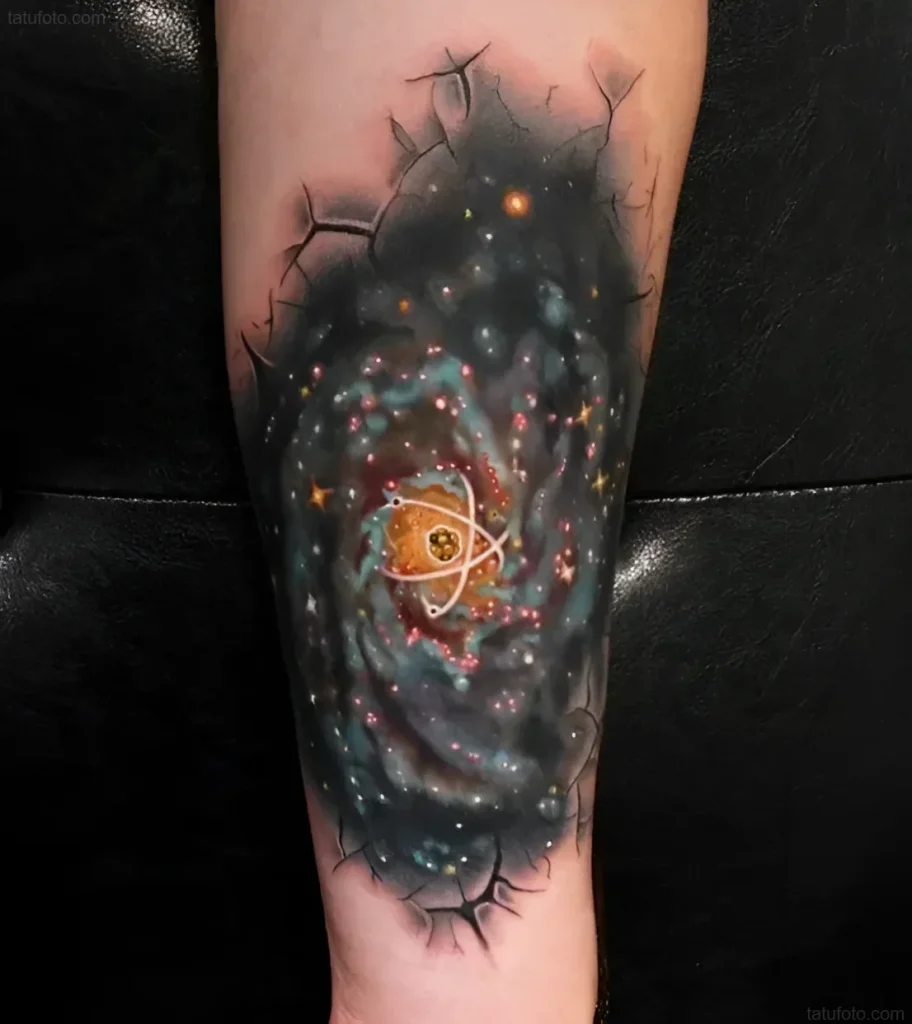Realistic supernova tattoo on the forearm, depicting a spiral galaxy with a bright center and cracks symbolizing a cosmic explosion