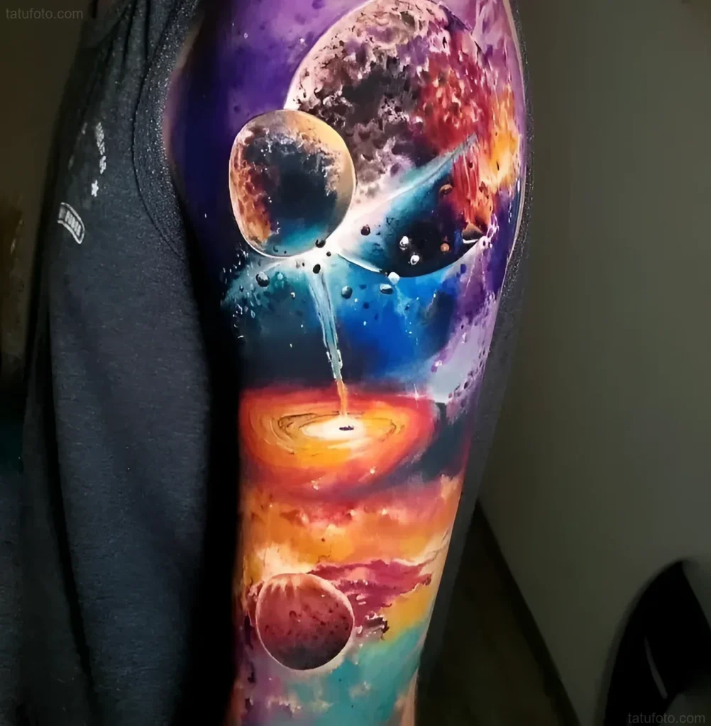 Supernova Tattoo: Detailed cosmic landscape with a star explosion, planets, and a black hole