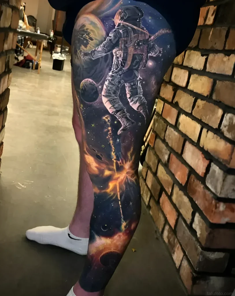 Supernova tattoo with an astronaut floating in space against the background of a star explosion and planets.